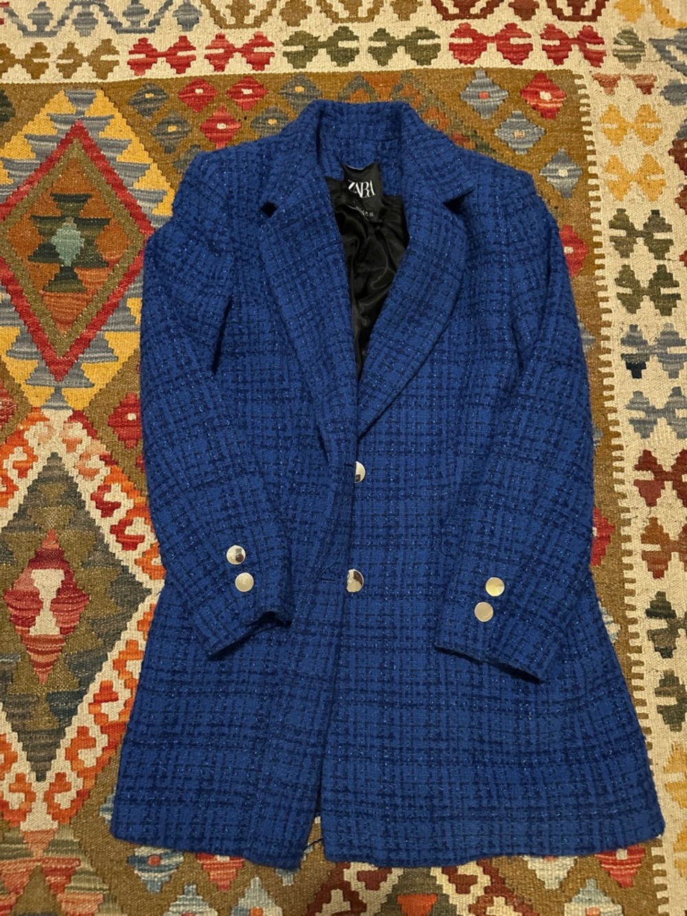 Zara Cobalt Blue Tweed Long Blazer Coat with Gold Buttons